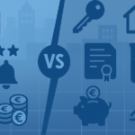 Affitti brevi vs affitti a lungo termine: confronto 2025 con icone valigia, calendario, casa, chiave, salvadanaio e grafico in toni blu