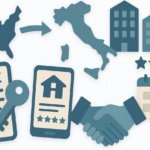 Affitti in Italia: illustrazione con chiavi, app mobile, stretta di mano, calendario e servizi di gestione – 5 soluzioni americane per il mercato immobiliare