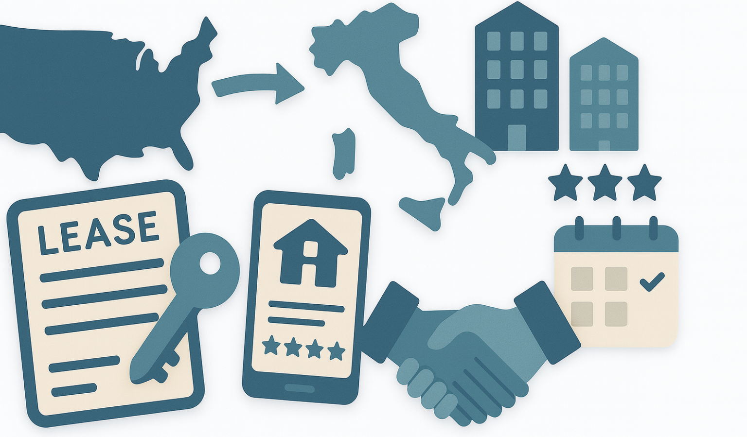 Affitti in Italia: illustrazione con chiavi, app mobile, stretta di mano, calendario e servizi di gestione – 5 soluzioni americane per il mercato immobiliare