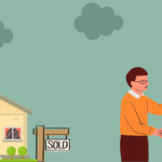 Illustrazione: una mano porge un sacco di denaro e un’altra regge una casa, simbolo di acquisto prima casa e relative spese.