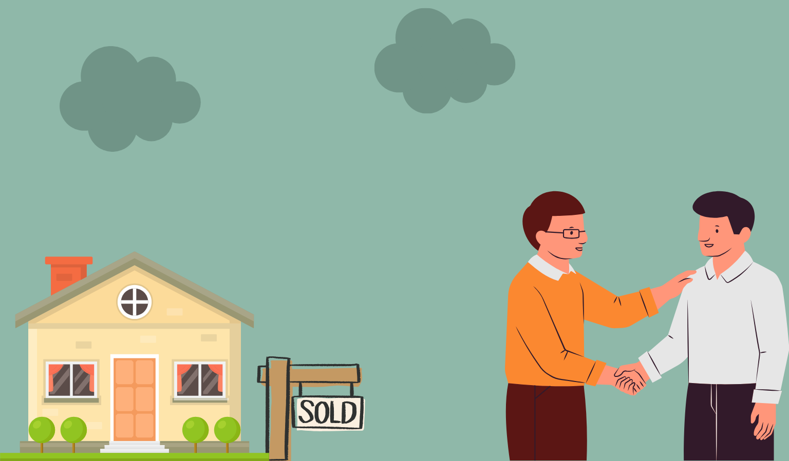 Illustrazione: una mano porge un sacco di denaro e un’altra regge una casa, simbolo di acquisto prima casa e relative spese.