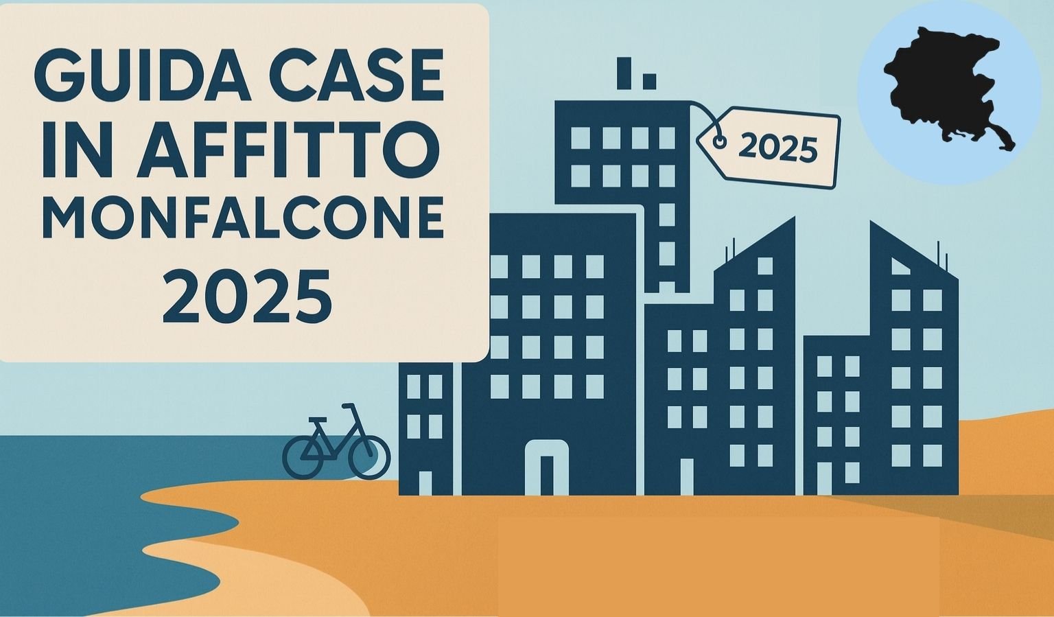 Copertina Guida 2025 case in affitto Monfalcone con skyline sul mare, etichetta 2025 e icone servizi.
