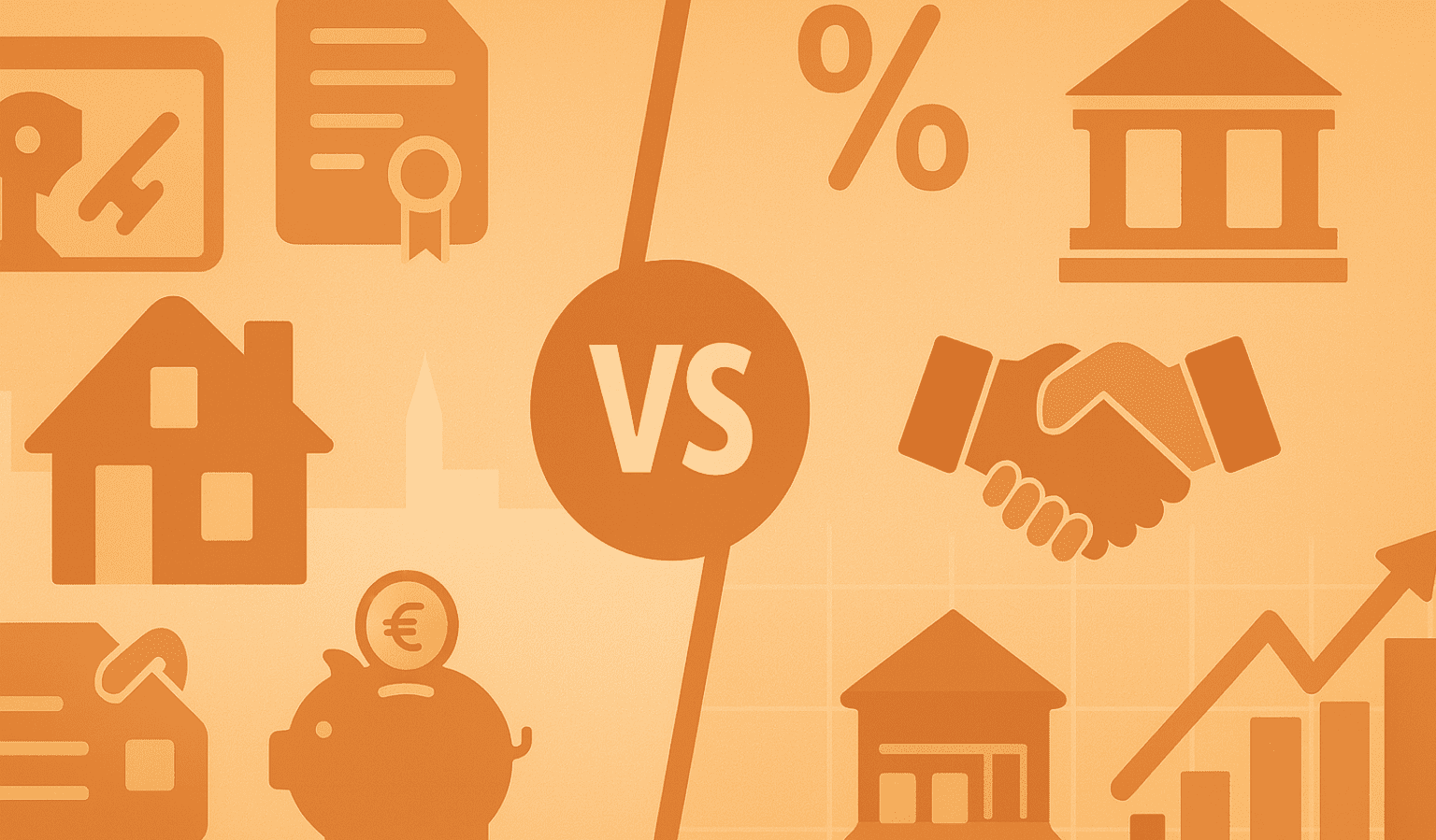 Confronto Rent to Buy vs mutuo 2025: illustrazione con casa, grafico e simbolo euro per analisi tassi/Euribor