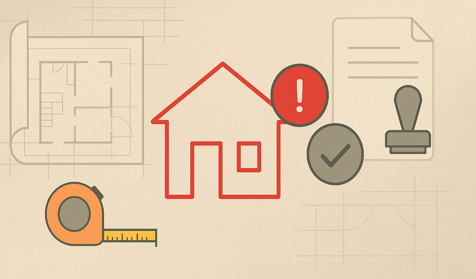 Illustrazione sulla riforma degli abusi edilizi per case costruite prima del 1967, con simboli di casa, misurazioni e documenti legali, in riferimento alla sanatoria semplificata in Friuli Venezia Giulia