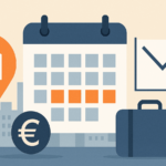 Illustrazione affitti brevi 2025 con calendario, grafico in calo e simbolo euro