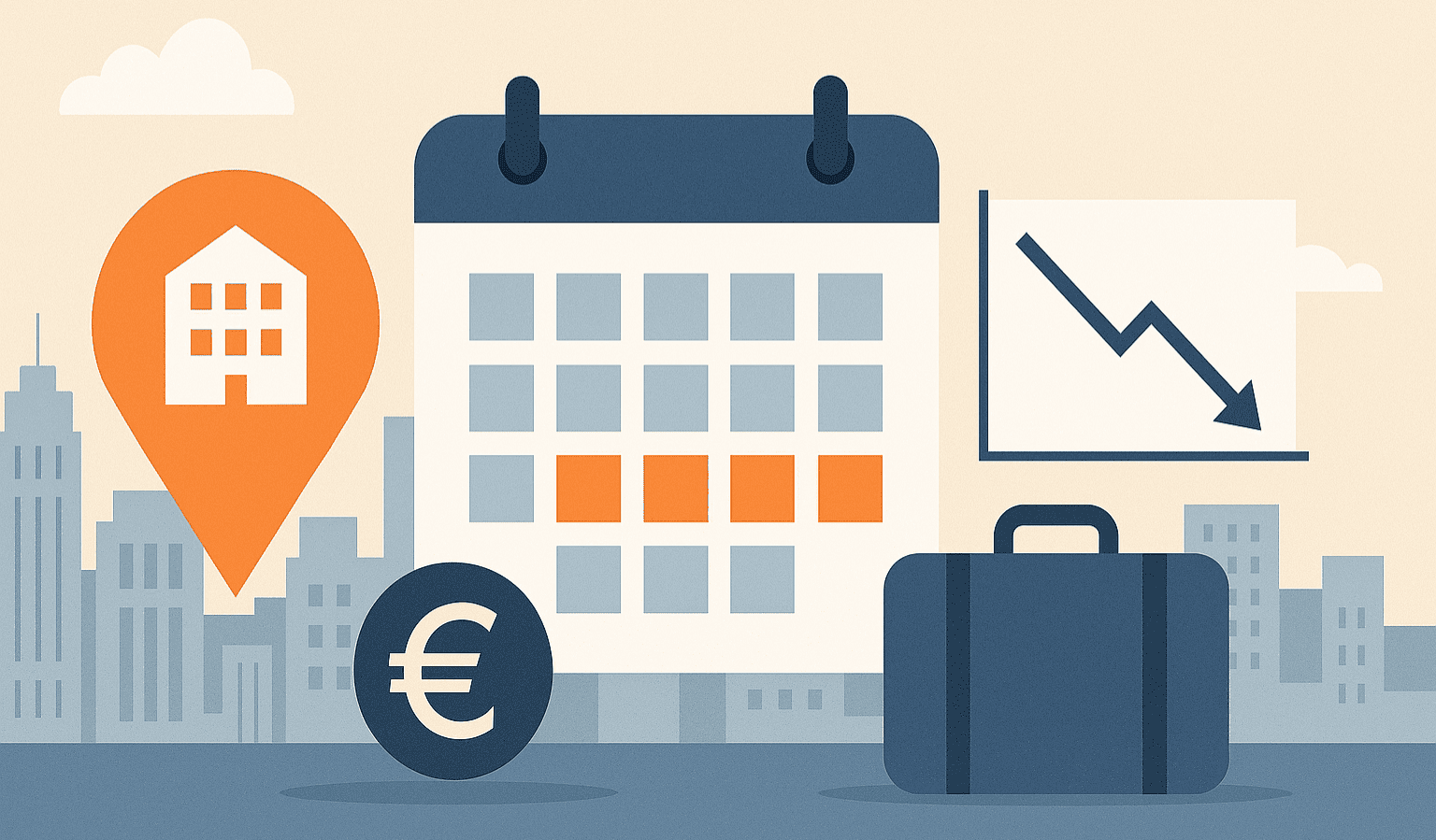 Illustrazione affitti brevi 2025 con calendario, grafico in calo e simbolo euro