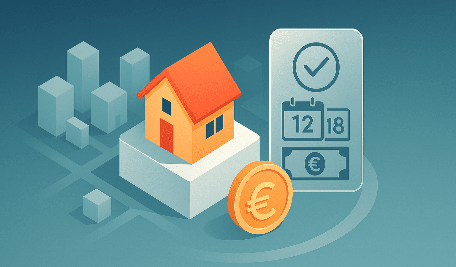 Illustrazione vettoriale di una casa con simbolo dell’euro, calendario e segno di spunta che rappresentano le agevolazioni fiscali prima casa in caso di donazione.