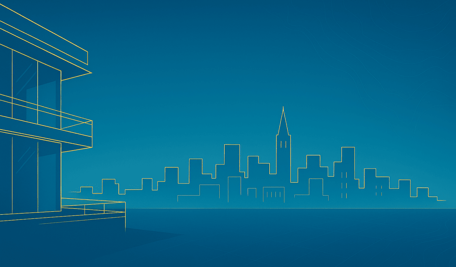 Illustrazione moderna con skyline di Pordenone e attico di lusso, copertina per l’articolo sul mercato immobiliare di pregio 2025 firmato OkCasaWeb
