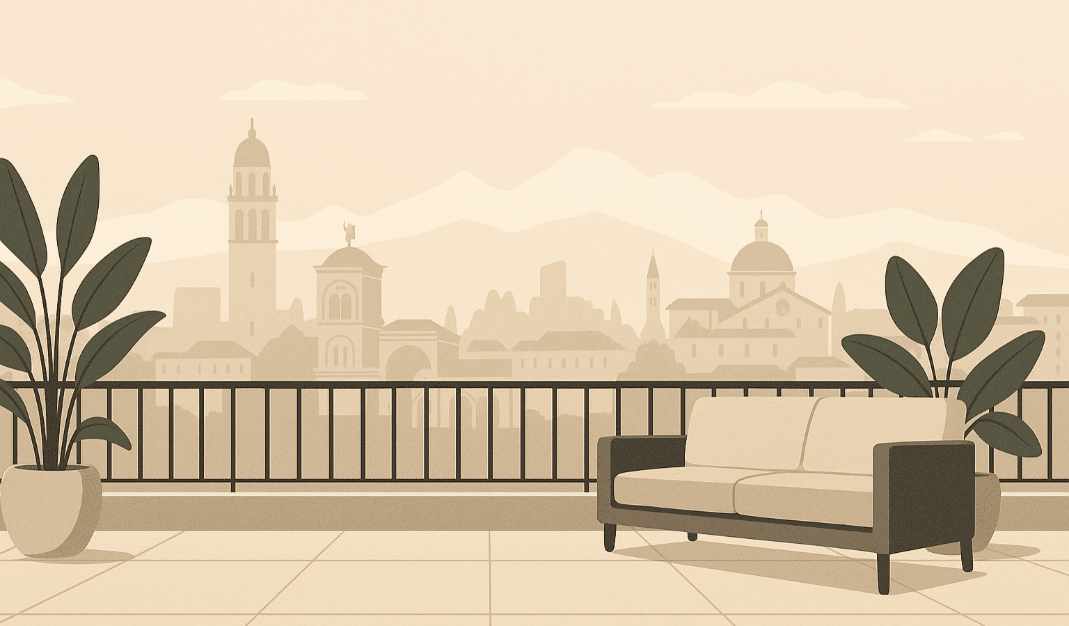 Terrazza panoramica con vista sulla città di Udine, attico moderno con divano e piante; copertina per articolo su attici e appartamenti di pregio 2025