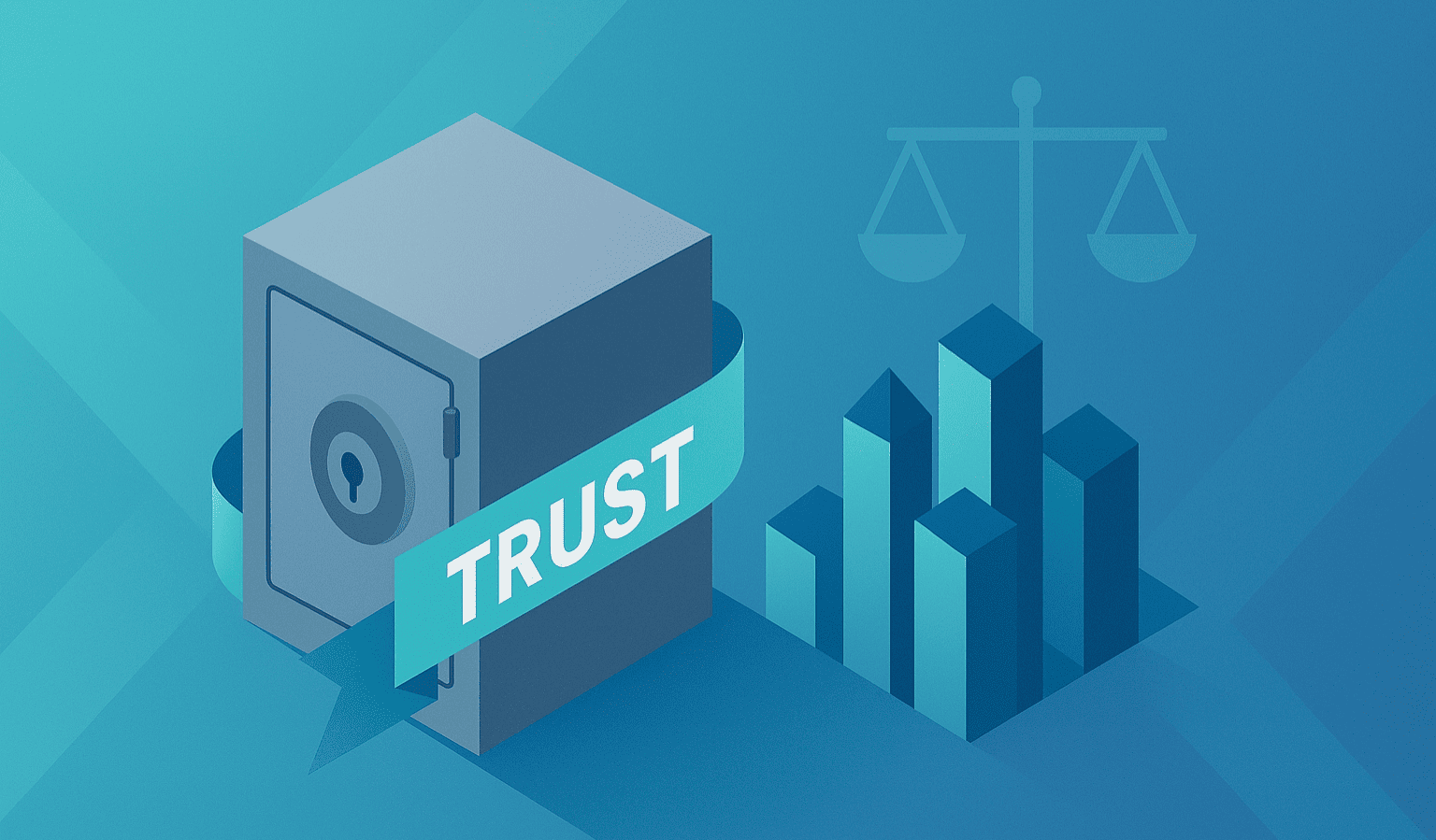 Illustrazione digitale che rappresenta il concetto di trust immobiliare, con cassaforte, bilancia della giustizia e grafici finanziari, simbolo di protezione patrimoniale e nuove regole fiscali 2025.