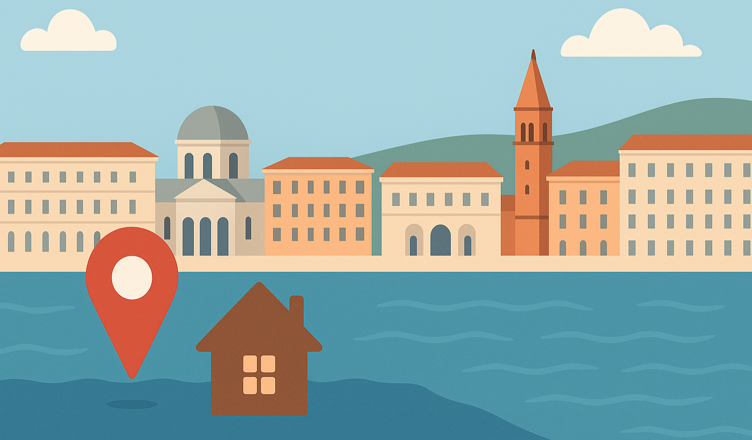 Illustrazione della città di Trieste vista mare con icona casa e localizzazione, simbolo di investimenti immobiliari nei bilocali 2025