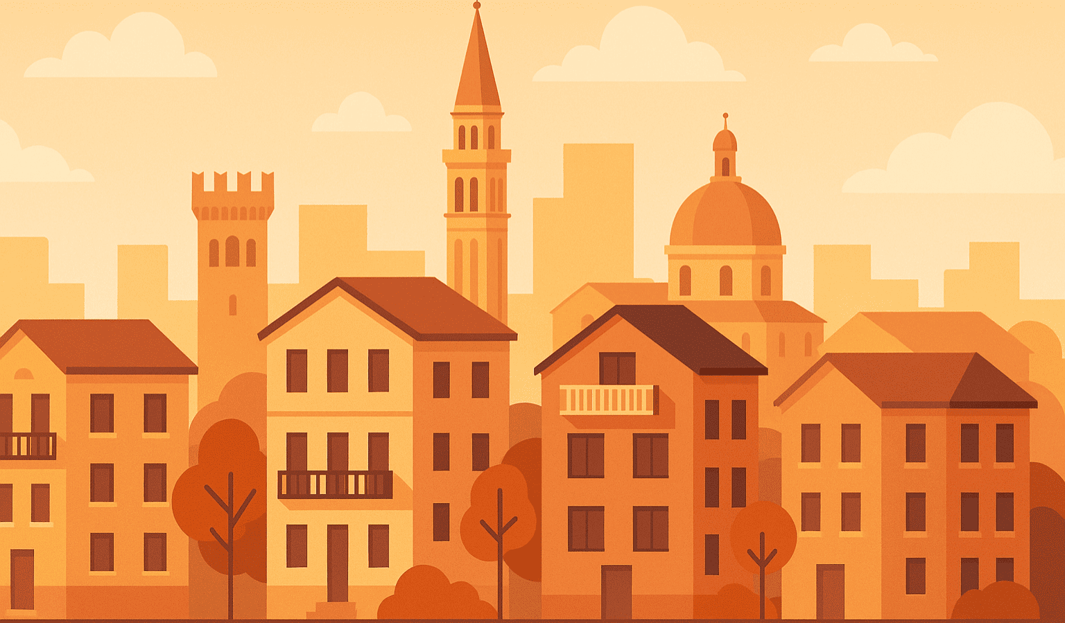 Illustrazione in stile flat del centro e quartieri residenziali di Pordenone con palazzi e case, copertina per articolo su bilocali 2025 centro vs semicentro.