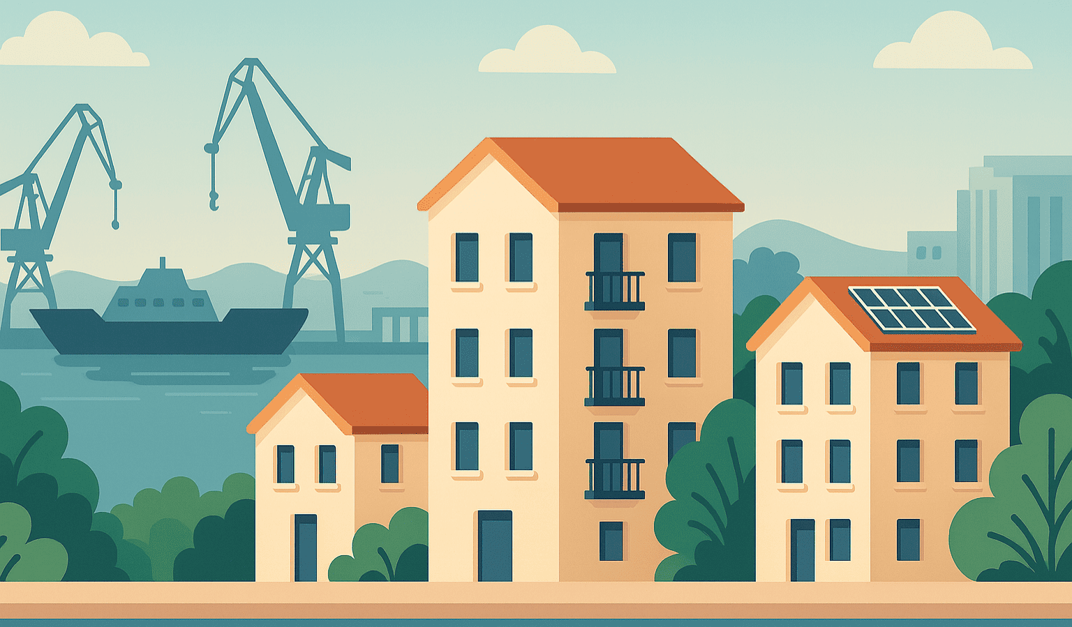 Illustrazione moderna del porto di Monfalcone con edifici residenziali e cantieri, simbolo del mercato immobiliare 2025 e dei bilocali riqualificati