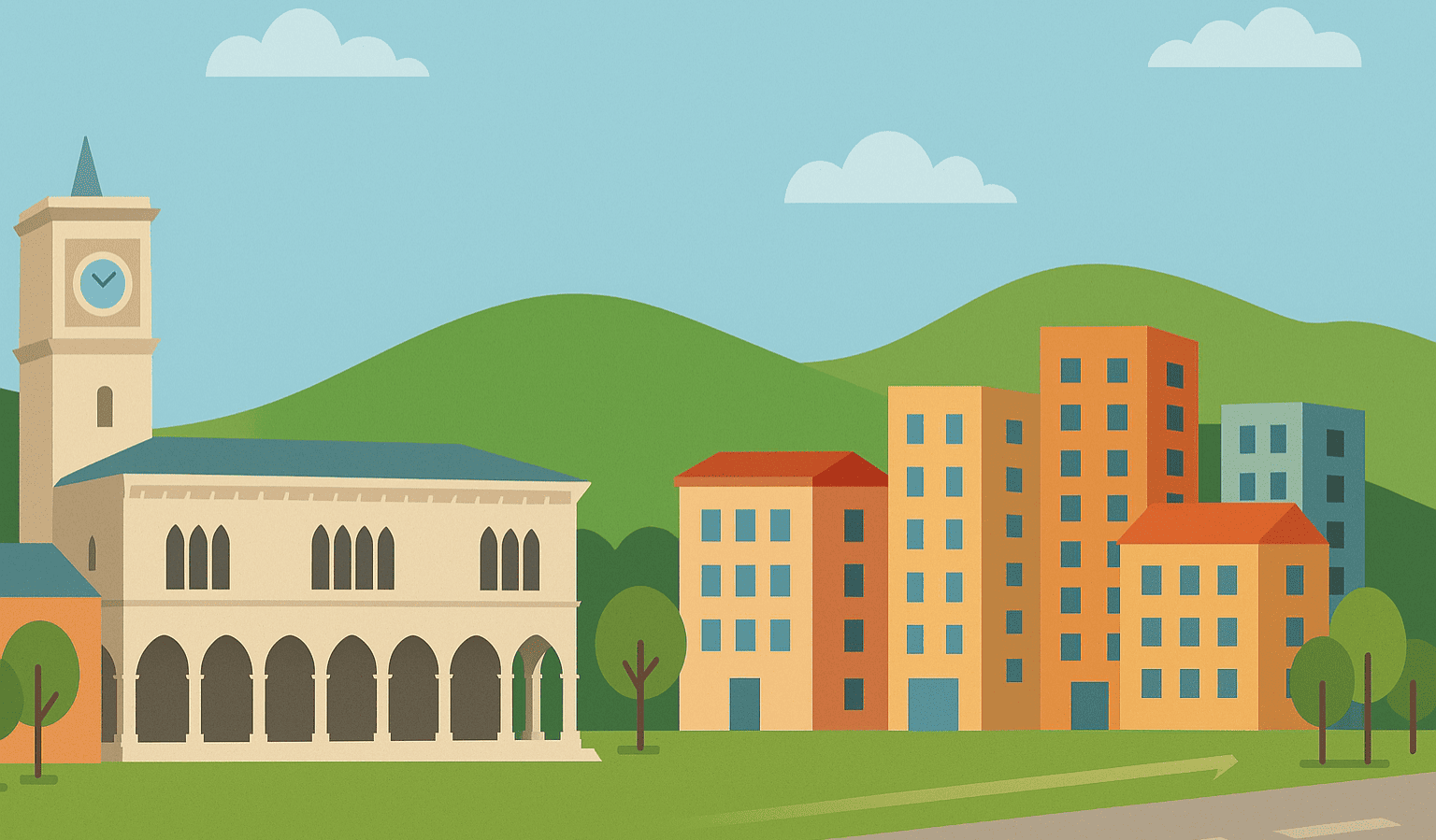 Illustrazione moderna di Udine Est con edifici residenziali e aree verdi, simbolo del mercato immobiliare 2025 e della crescita di bilocali e trilocali