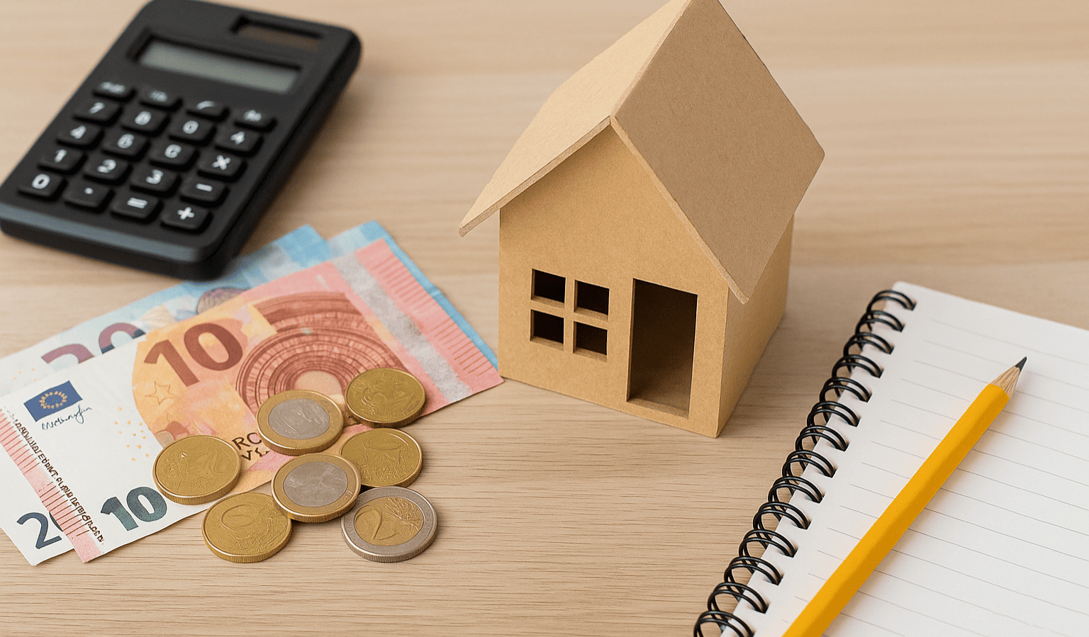 Modellino di casa con euro, calcolatrice e blocco note per rappresentare il Bonus Casa 2025–2027 e la pianificazione delle detrazioni fiscali.