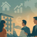 Illustrazione del mercato immobiliare italiano con agenti e acquirenti davanti a un palazzo, simboli di casa, euro e grafico dei rendimenti, rappresenta il calo della domanda di affitto e la crescita della propensione all’acquisto nel 2025.