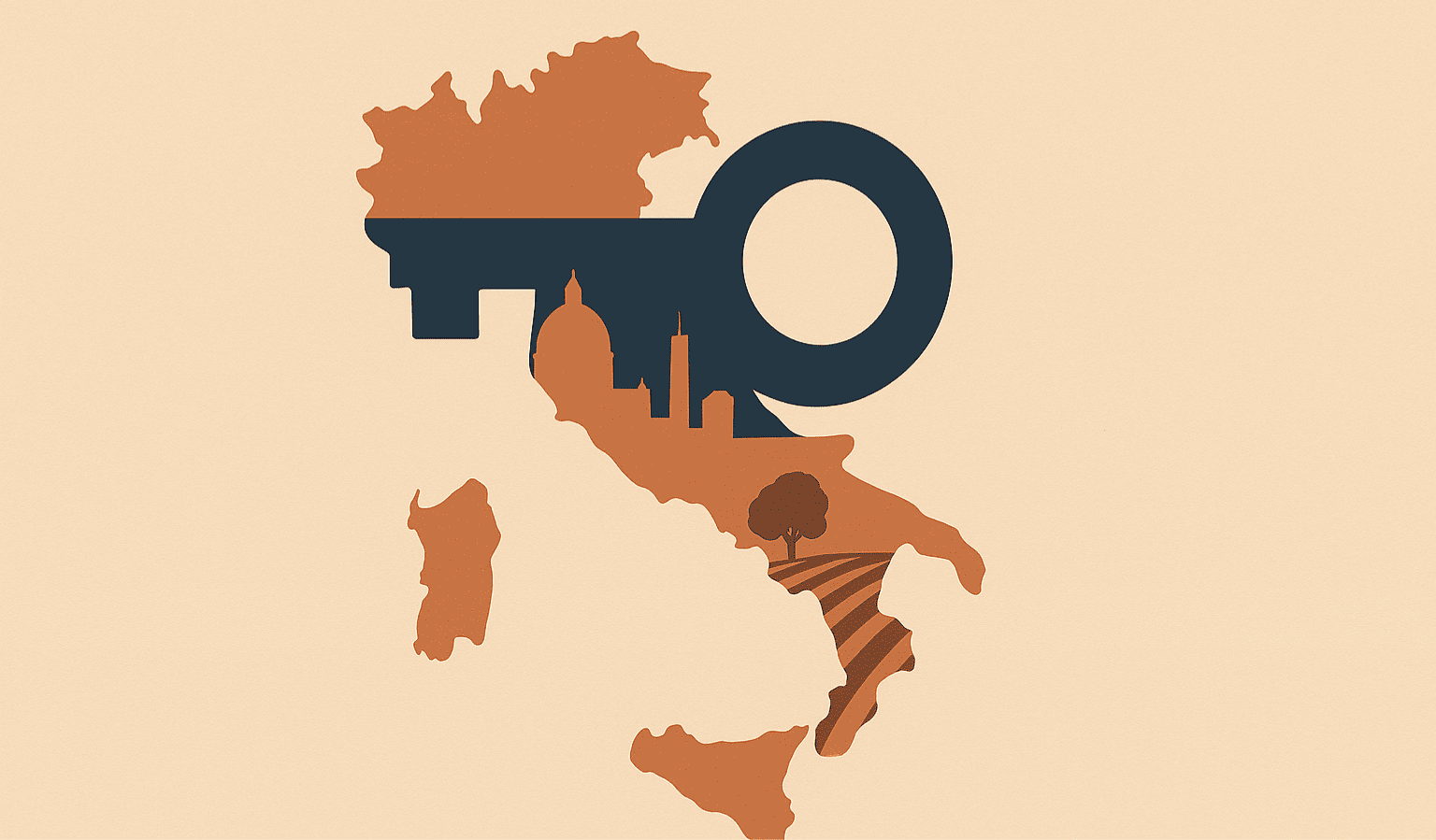 Illustrazione minimalista dell’Italia con chiave simbolica, rappresenta l’apertura del mercato immobiliare italiano agli acquirenti stranieri e le opportunità di investimento in Friuli Venezia Giulia.