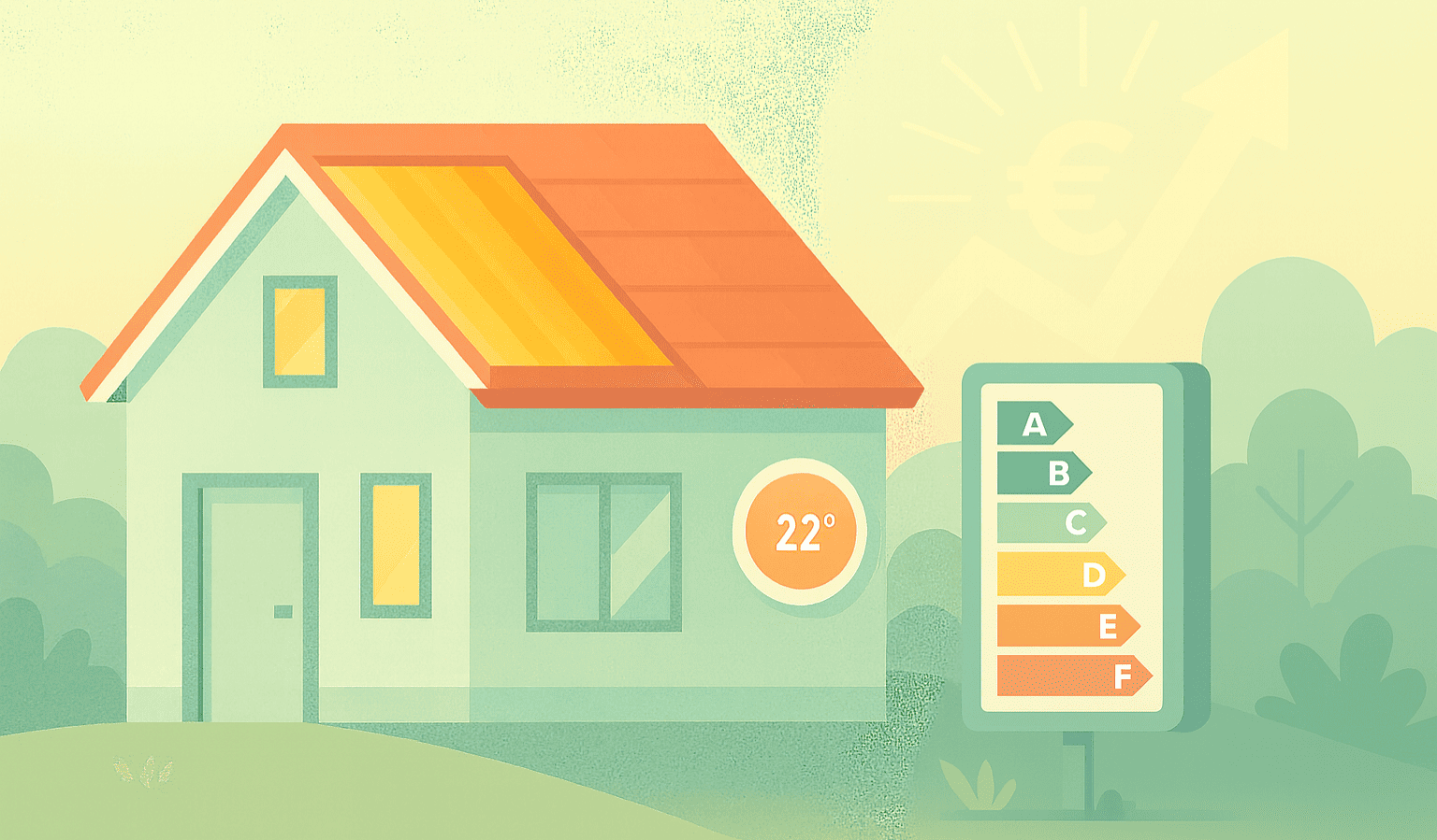 Casa efficiente dal punto di vista energetico con tetto rosso e pannelli solari, simbolo del valore delle case green e del risparmio energetico.