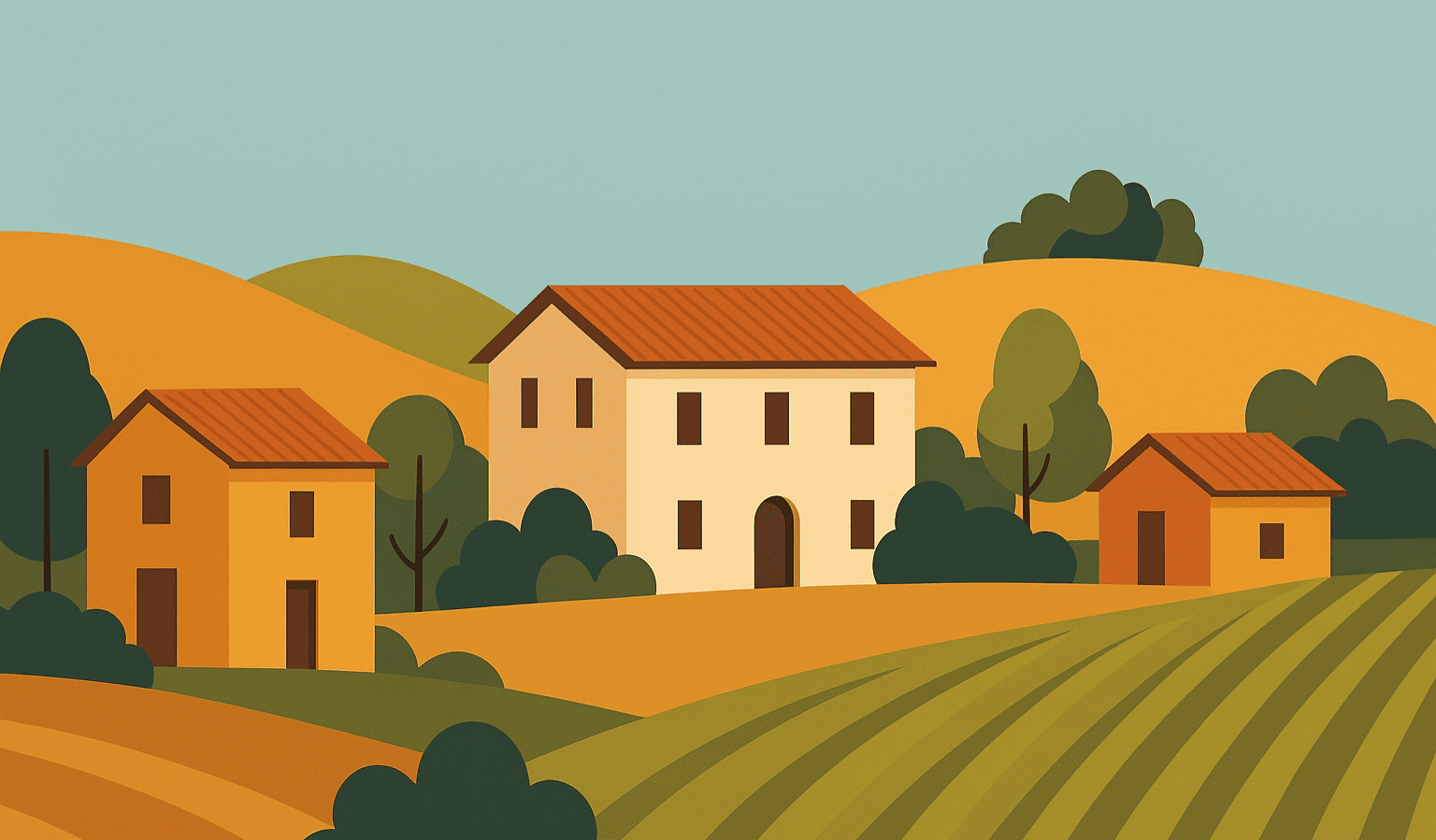 Illustrazione digitale in stile flat che rappresenta case indipendenti e rustici tipici dell’Isontino, con paesaggio rurale e colline friulane – copertina articolo immobiliare 2025 OkCasaWeb.