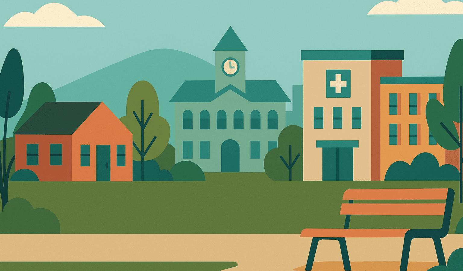 Illustrazione moderna di un quartiere residenziale con villette a schiera e case indipendenti, rappresentativa del mercato immobiliare di Udine nel 2025