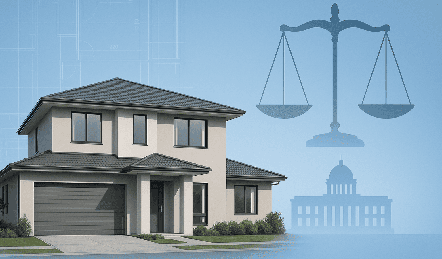 Casa moderna con bilancia della giustizia sullo sfondo, simbolo del Decreto Salva Casa e della sanatoria edilizia condizionata.