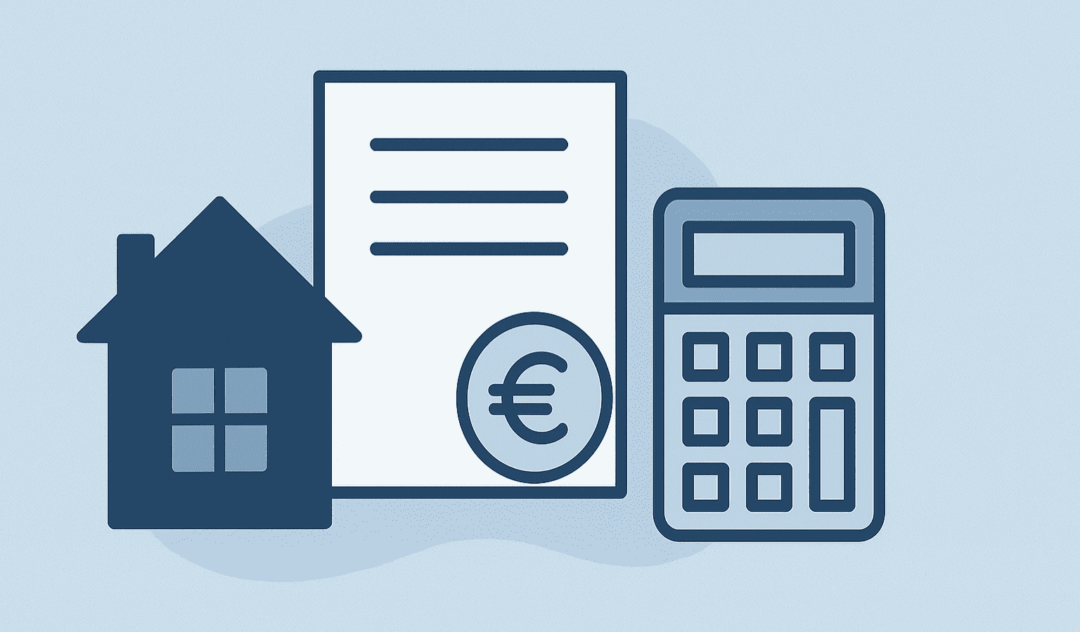 Illustrazione vettoriale di una casa, un documento con simbolo euro e una calcolatrice su sfondo azzurro, simbolo della detrazione interessi mutuo prima casa 2025.