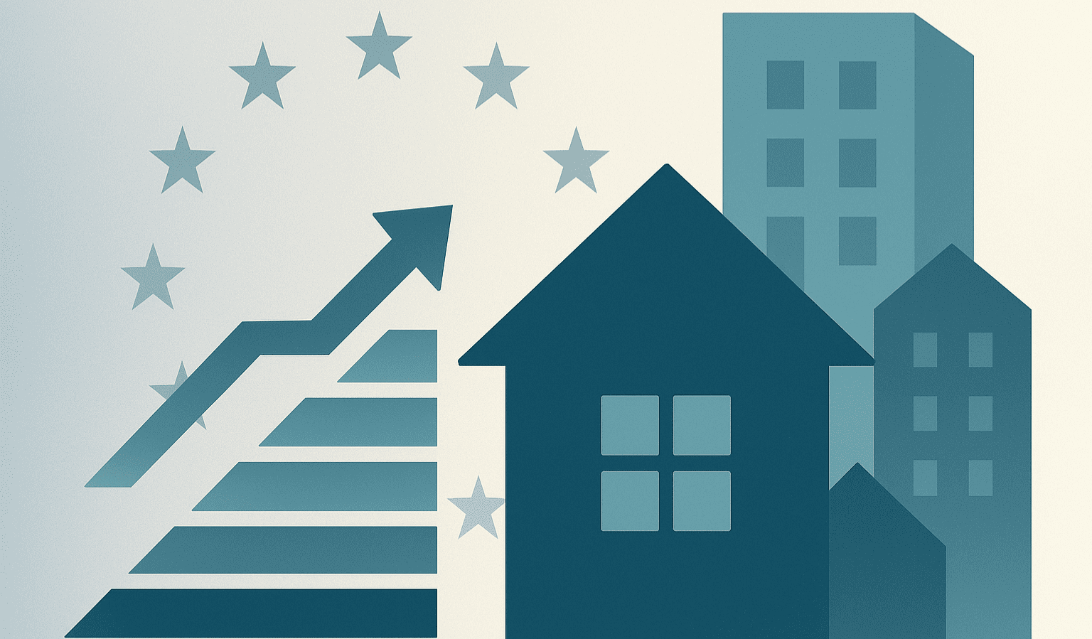 Immagine stilizzata di edifici e grafico di efficienza energetica con freccia in crescita, simbolo dell’Unione Europea e case moderne — rappresenta la direttiva europea sulle case green e l’efficienza energetica degli immobili.
