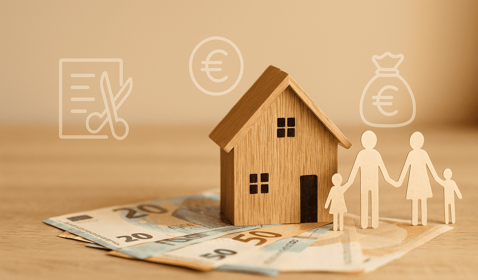 Casa in legno su banconote in euro con sagome di famiglia, simbolo del pacchetto fiscale e degli aiuti della Legge di Bilancio per l’acquisto della prima casa – OkCasaWeb