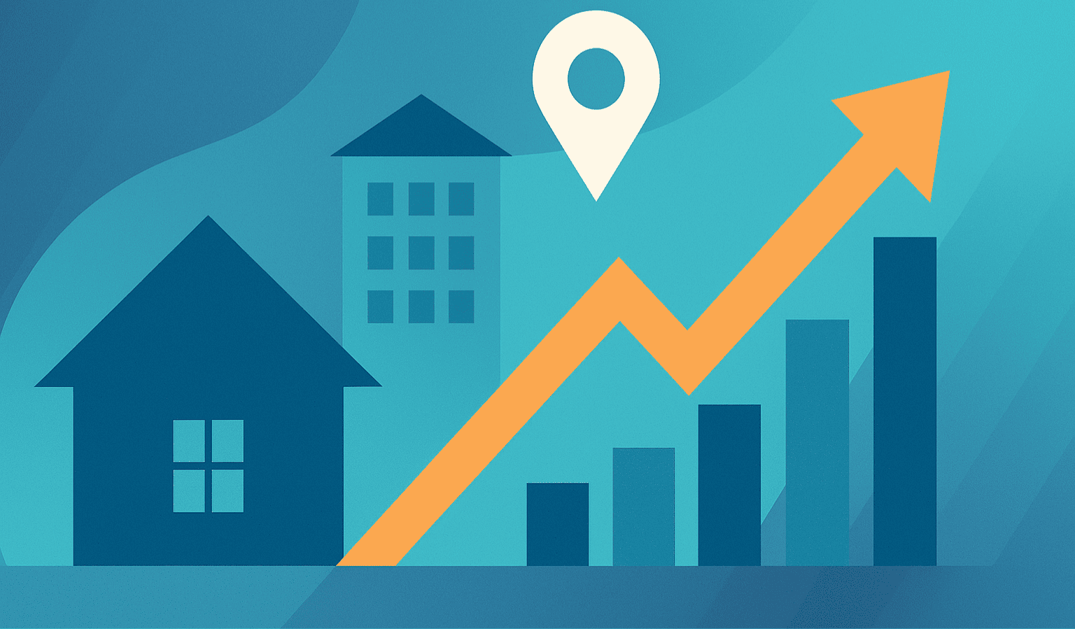 Grafico di crescita immobiliare con casa e palazzina, simbolo degli investimenti a reddito nell’Isontino nel 2025.