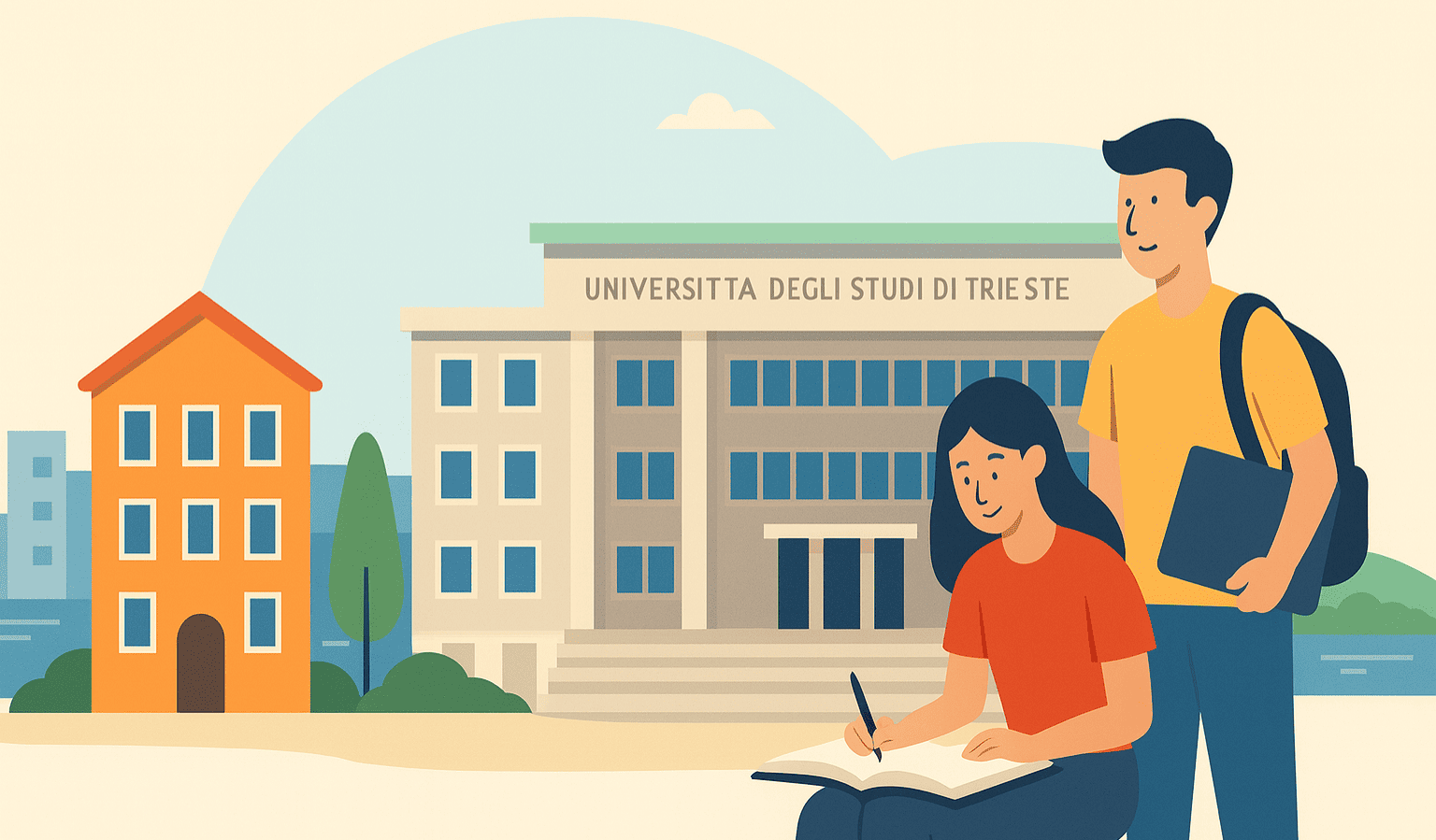 Illustrazione moderna dell’Università di Trieste con edifici residenziali e studenti, simbolo degli investimenti immobiliari a reddito nel 2025