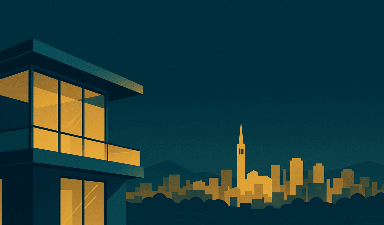 Illustrazione moderna con attico illuminato e skyline dorato di Pordenone, simbolo degli investimenti immobiliari universitari e sanitari nel 2025