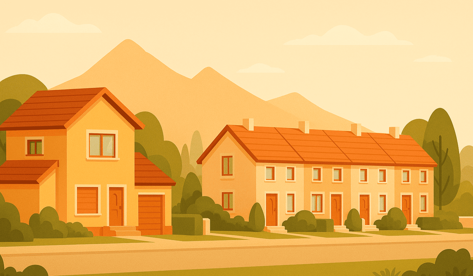 Illustrazione digitale in toni caldi che rappresenta Gorizia con edifici residenziali e paesaggio urbano, copertina per articolo sul mercato immobiliare 2025