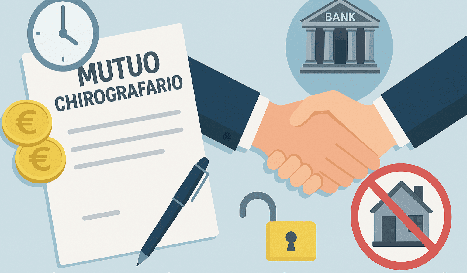 Illustrazione che rappresenta il mutuo chirografario con documenti, calcolatrice e contratto bancario, simbolo del finanziamento senza ipoteca.