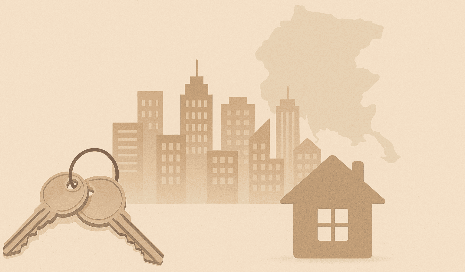 Chiavi di casa e skyline urbano con mappa del Friuli Venezia Giulia, simbolo di affitti e sfratti a Gorizia e Trieste