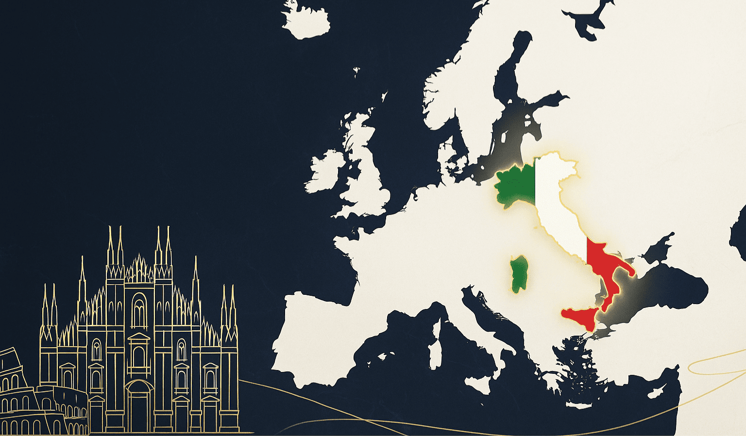 Mappa Europa con Italia evidenziata, Milano e Colosseo - attrattiva per super-ricchi e investimenti immobiliari di lusso
