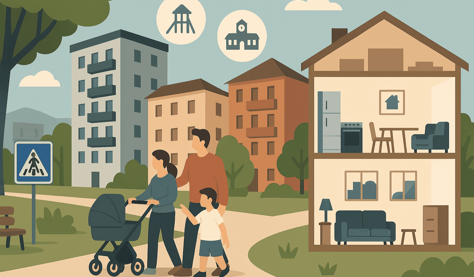 Illustrazione digitale in stile flat che raffigura un quartiere residenziale di Udine con case moderne e spazi verdi, simbolo della qualità della vita per famiglie che cercano trilocali nel 2025.