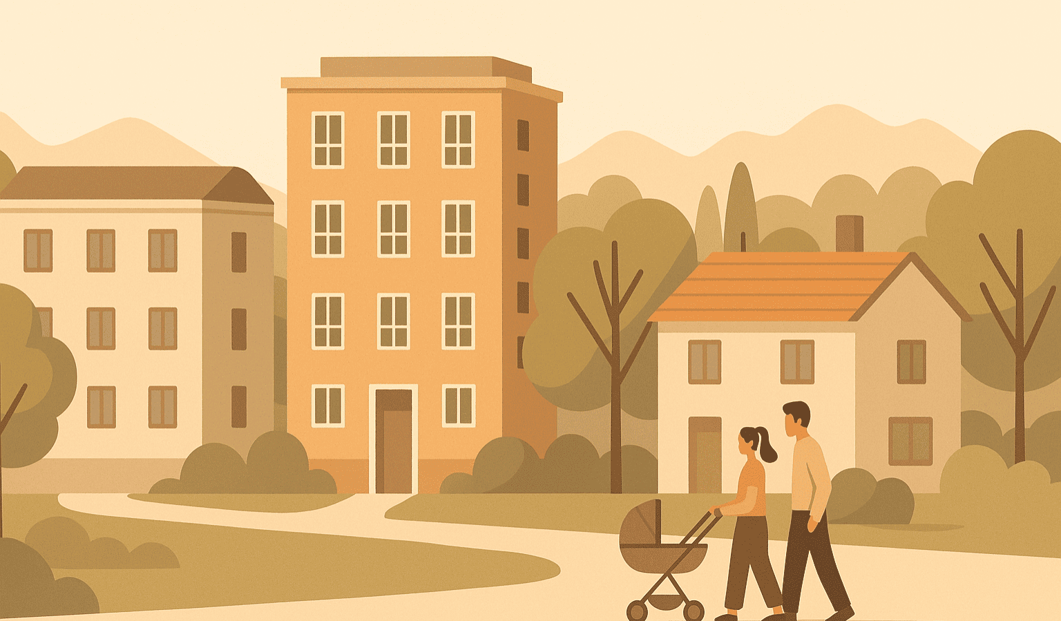 Illustrazione in stile flat di un quartiere residenziale di Pordenone con villette e palazzine moderne, ideale come copertina per articolo sui trilocali per famiglie nel 2025.