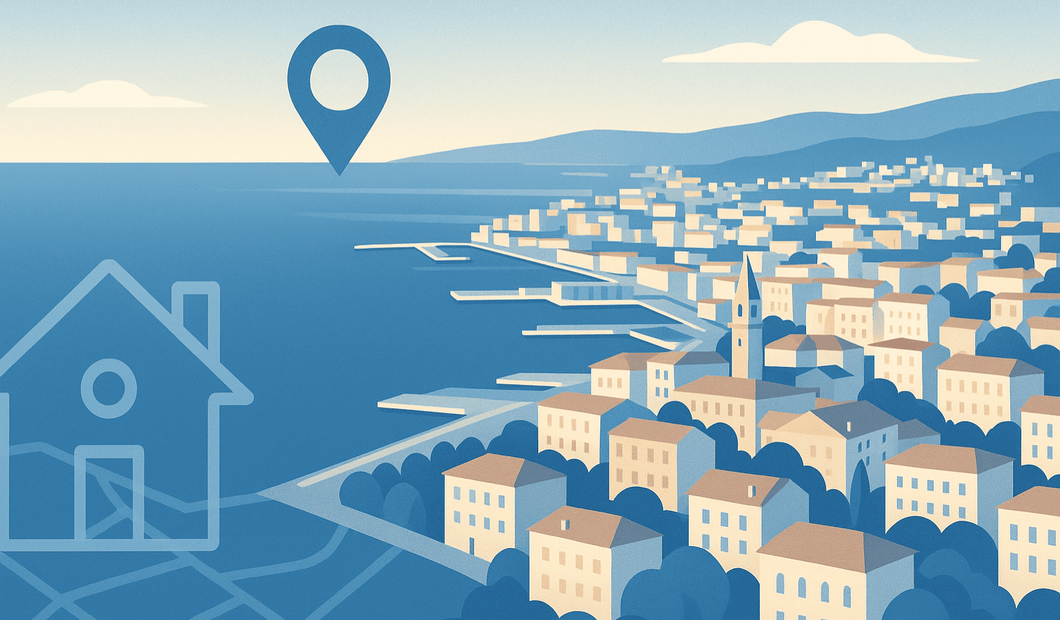 Vista aerea illustrata della città di Trieste con quartieri residenziali, simbolo del mercato immobiliare 2025 e degli investimenti in trilocali per famiglie