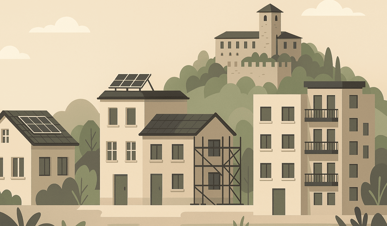 Illustrazione digitale in stile flat che rappresenta le zone residenziali di Gorizia con case e condomini in fase di riqualificazione energetica, simbolo del mercato immobiliare 2025.