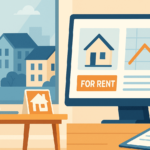 Illustrazione moderna che rappresenta un edificio residenziale con chiavi e contratti di locazione, simbolo degli affitti a lungo termine gestiti dalle agenzie immobiliari di Monfalcone.