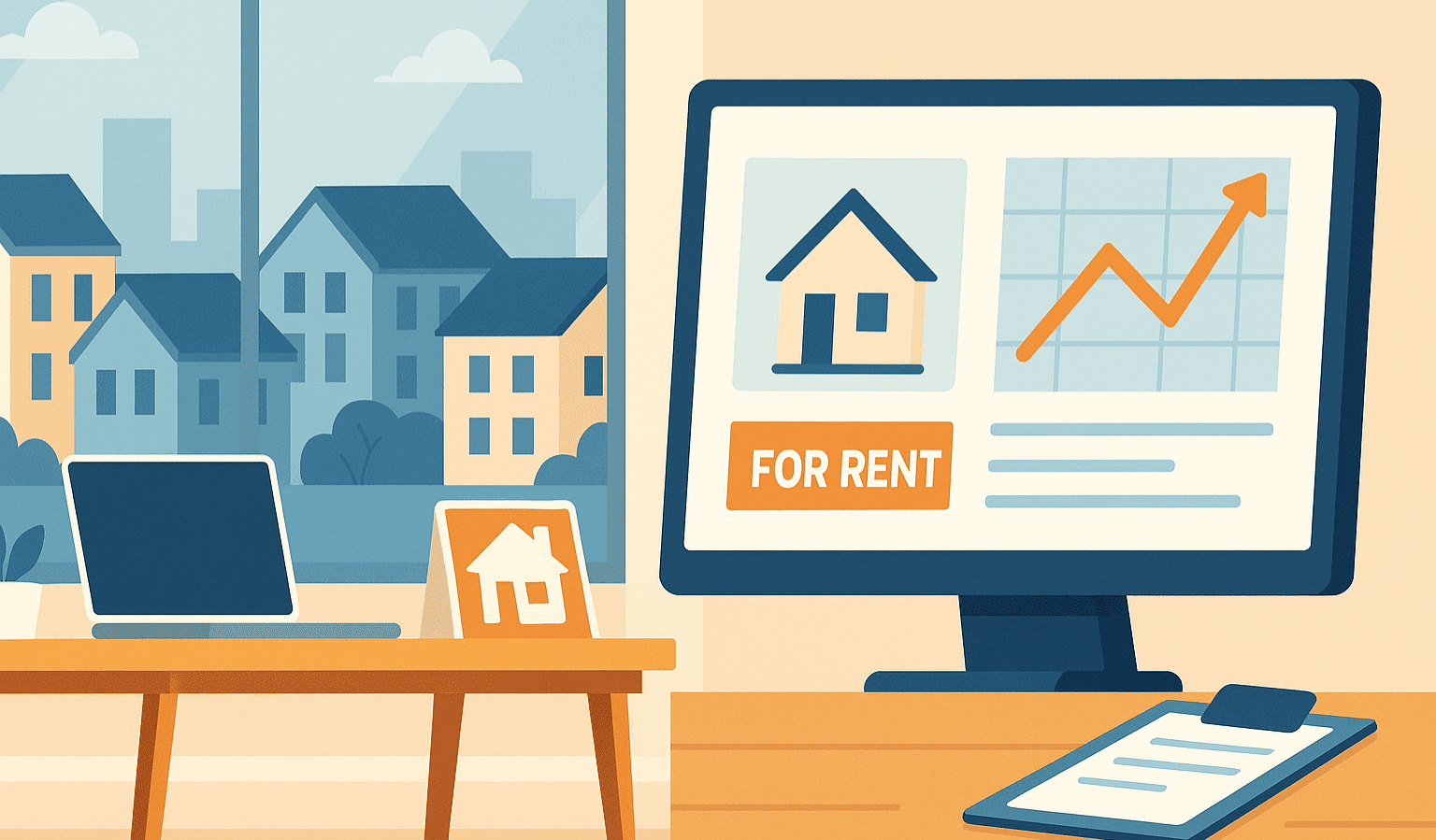 Illustrazione moderna che rappresenta un edificio residenziale con chiavi e contratti di locazione, simbolo degli affitti a lungo termine gestiti dalle agenzie immobiliari di Monfalcone.