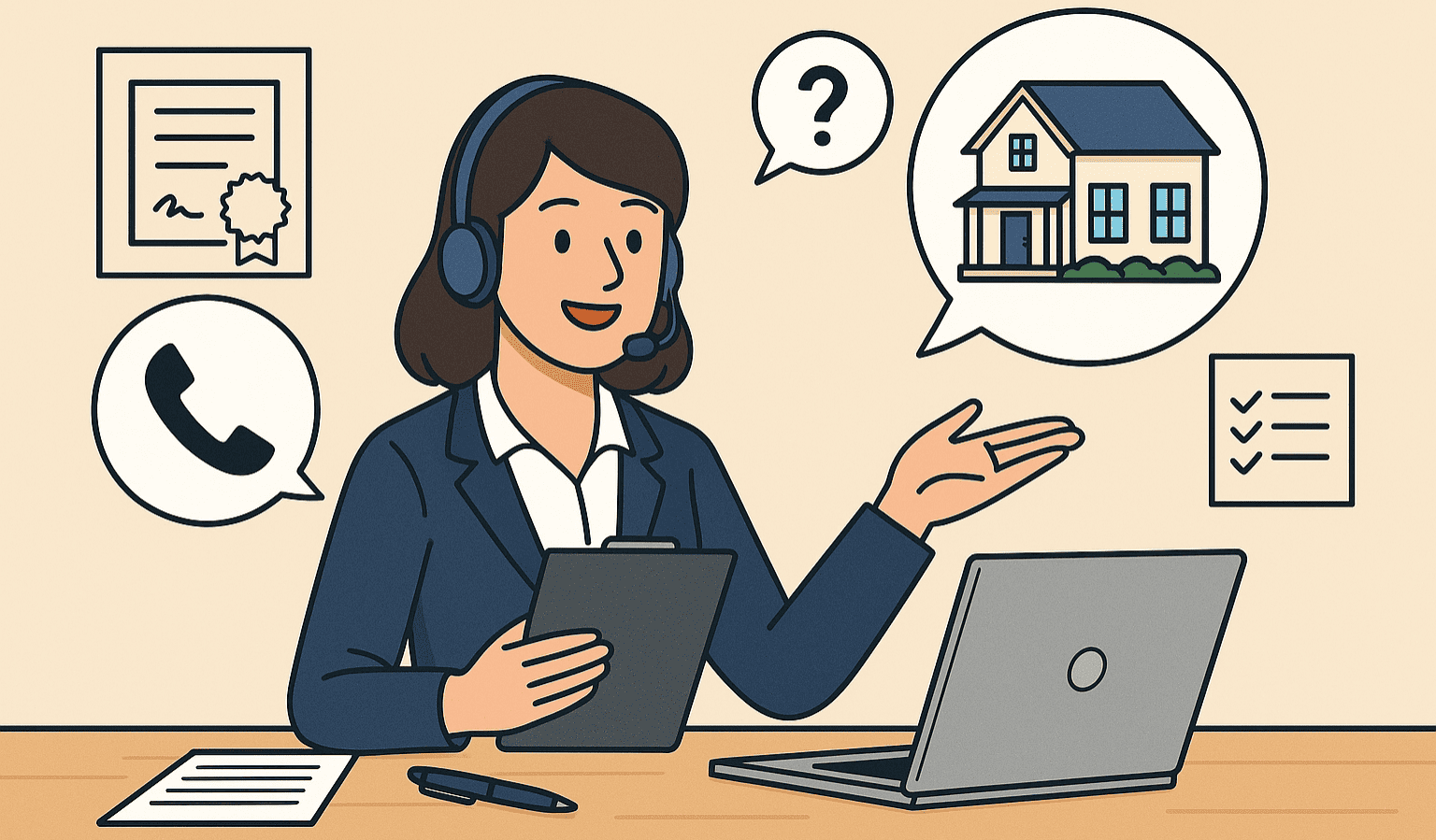 Illustrazione moderna di un’operatrice immobiliare con cuffie e computer che fornisce consulenza professionale e assistenza clienti nel settore immobiliare a Monfalcone.