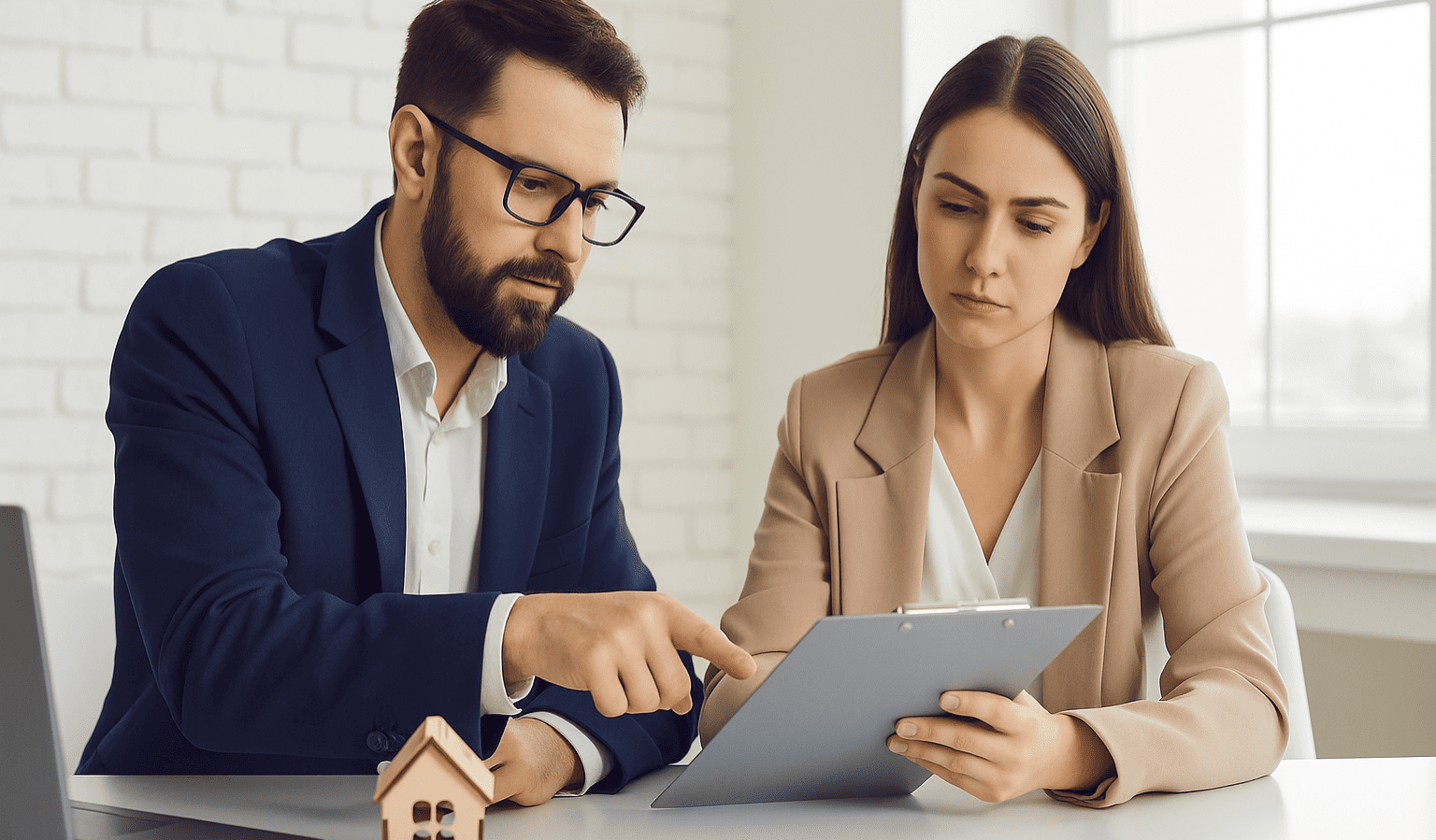 Consulente immobiliare professionale che offre consulenza personalizzata a una coppia di clienti a Monfalcone in un ambiente moderno e luminoso.