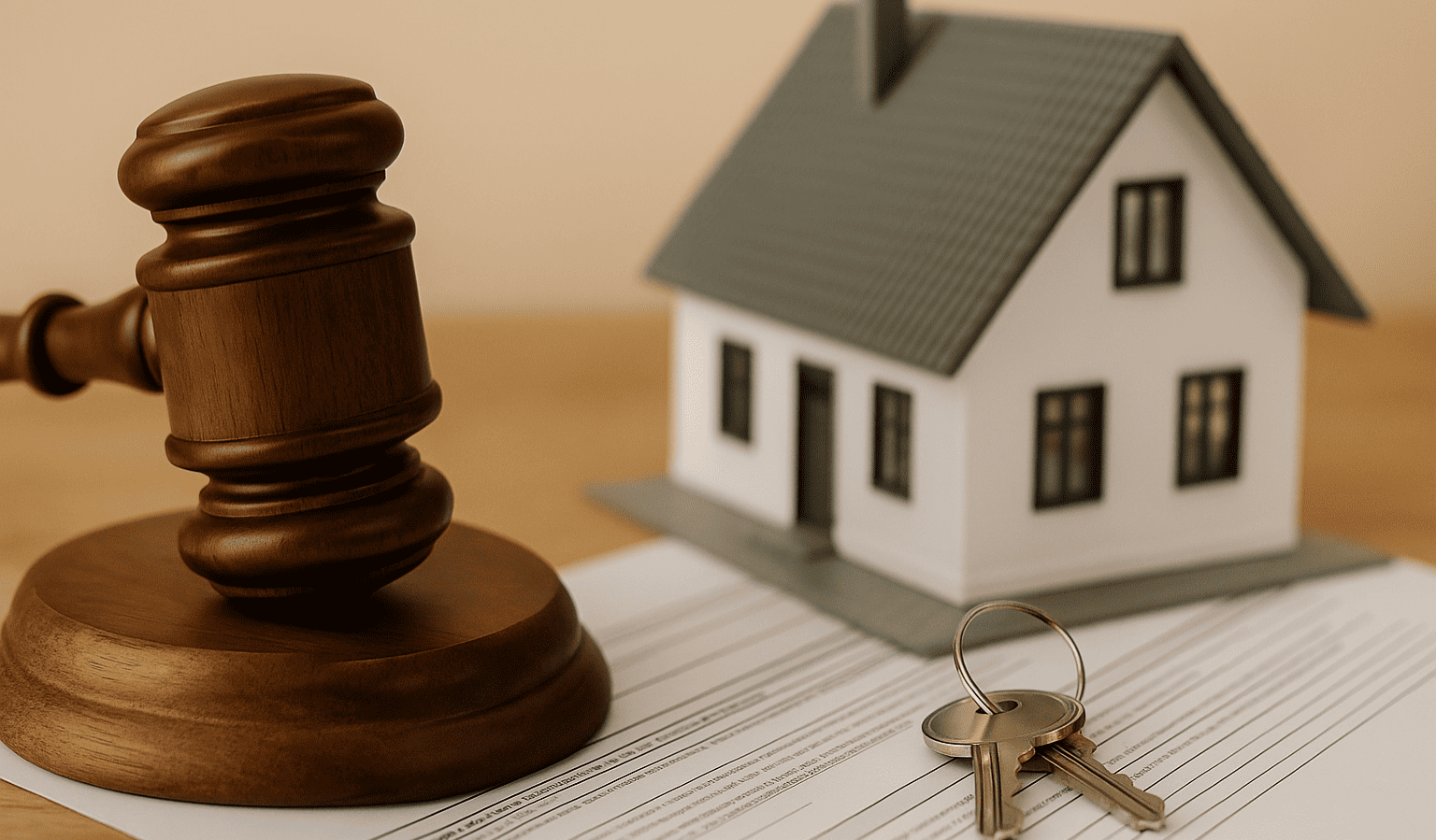 Martelletto del giudice accanto a modellino di casa e chiavi su contratto immobiliare, simbolo della sentenza Cassazione 19109/2025 sulla permuta di immobili da costruire.