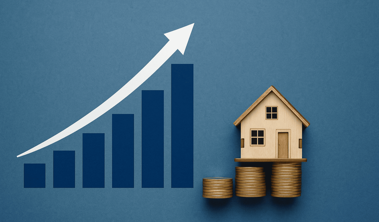 Grafico con freccia di crescita e casa su pile di monete d’oro, simbolo della relazione tra PIL, tasse e mercato immobiliare in Italia nel 2025.