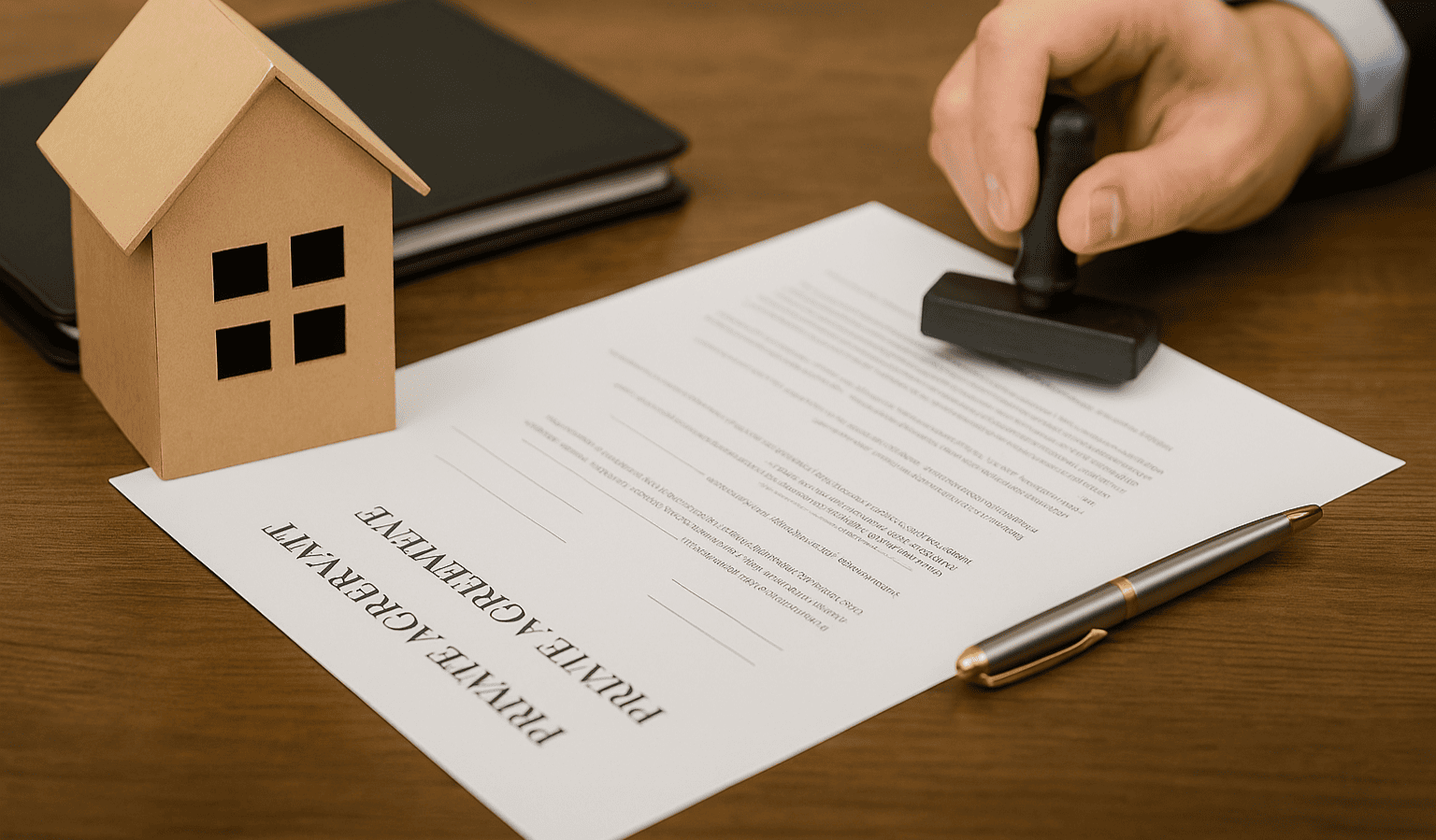 Immagine di un documento firmato e timbrato con modellino di casa e penna su scrivania, simbolo della registrazione della scrittura privata immobiliare presso l’Agenzia delle Entrate.