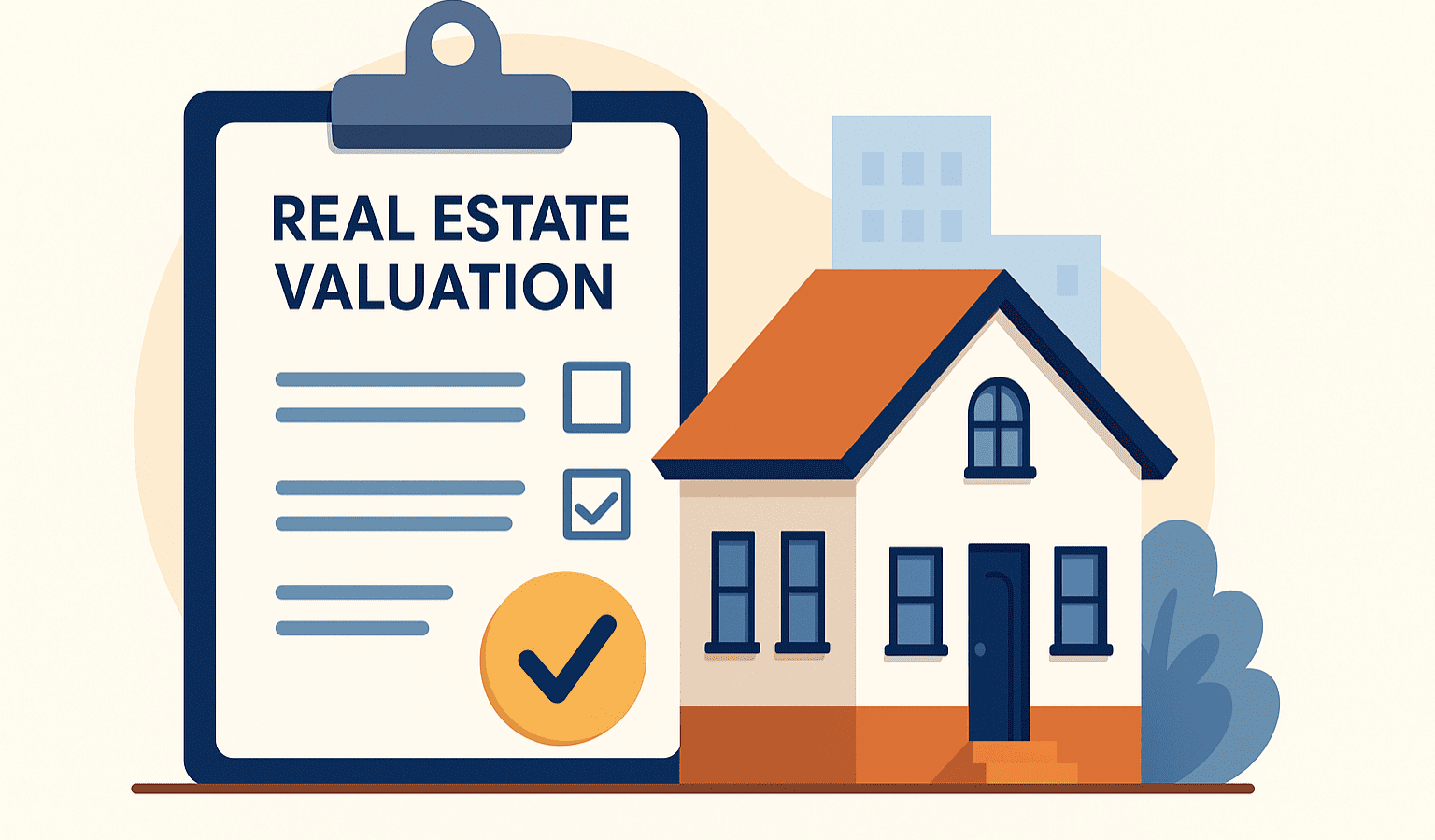 Illustrazione vettoriale moderna di un ufficio immobiliare con computer e grafici di valutazione, simbolo di consulenza e trasparenza nel mercato immobiliare di Monfalcone.