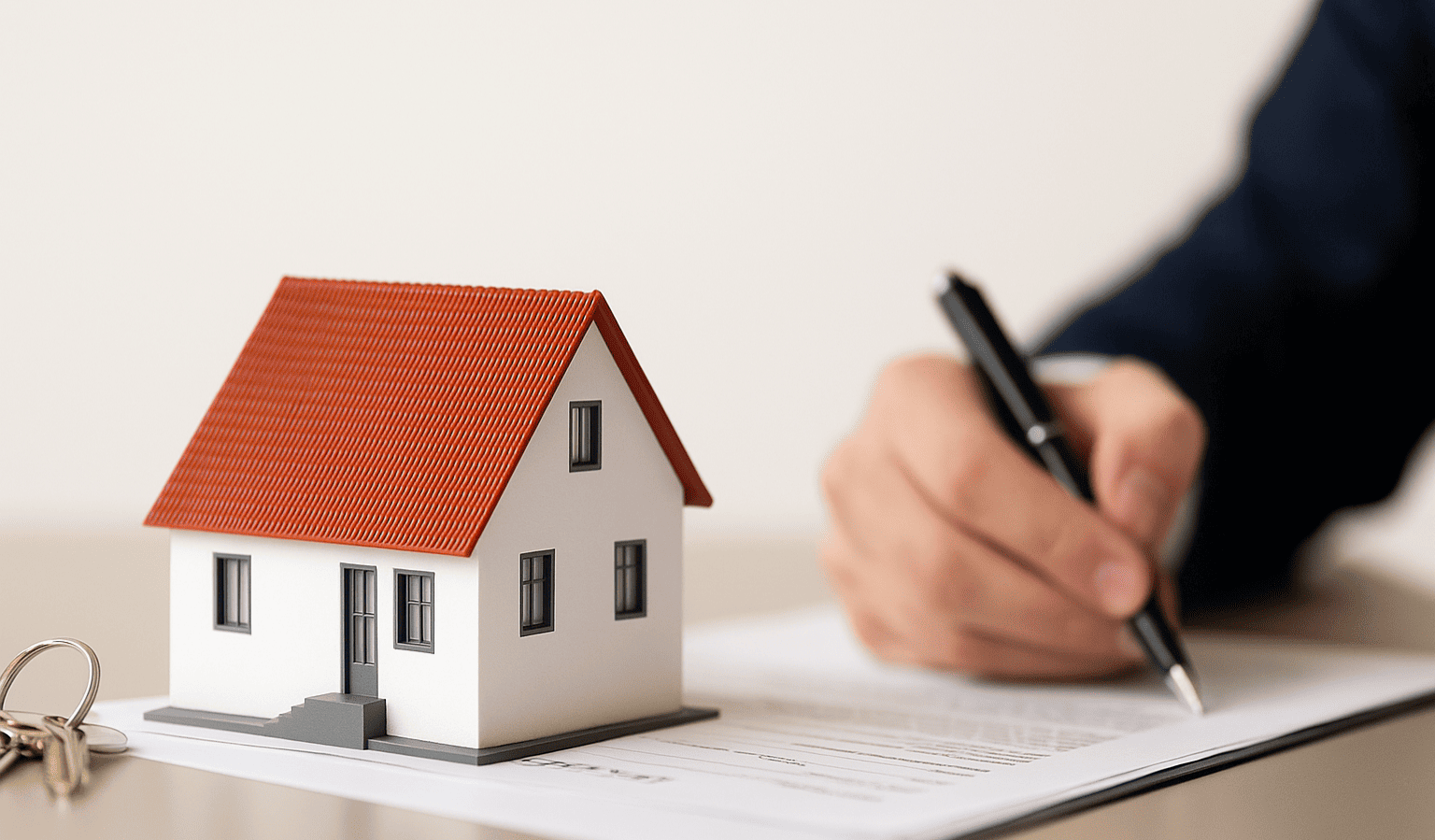 Modellino di casa su contratto immobiliare firmato da un uomo, simbolo della vendita di un immobile sotto il valore catastale.