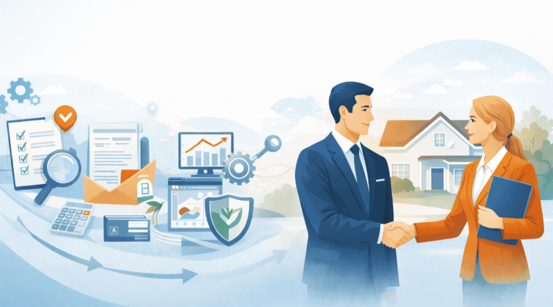 Illustrazione dei servizi di un’agenzia immobiliare moderna nel 2026 con tecnologia digitale, sostenibilità e sicurezza legale