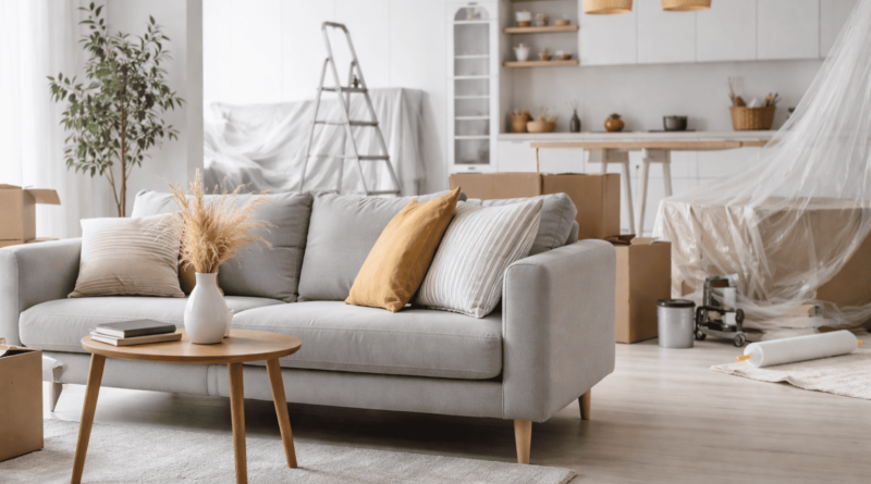 Interno di soggiorno moderno arredato dopo ristrutturazione, con mobili nuovi e cucina sullo sfondo, esempio di utilizzo del bonus mobili 2026